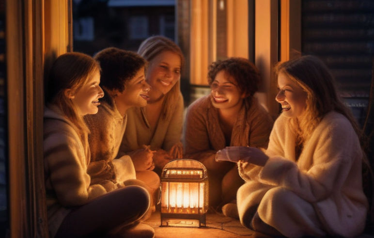 A group of friends huddles on a patio, bathed in the glow of a heater.