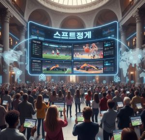 Global audience watching live international sports streaming in Korean (스포츠중계), blended with subtle historical and cultural elements such as classical architecture, world maps, and symbols of communication, modern yet timeless tone.
