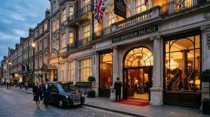 A grand luxury hotel in Mayfair London with classic British architecture, elegant interiors, high ceilings, chandeliers, and a refined historical atmosphere, blending tradition and modern sophistication.